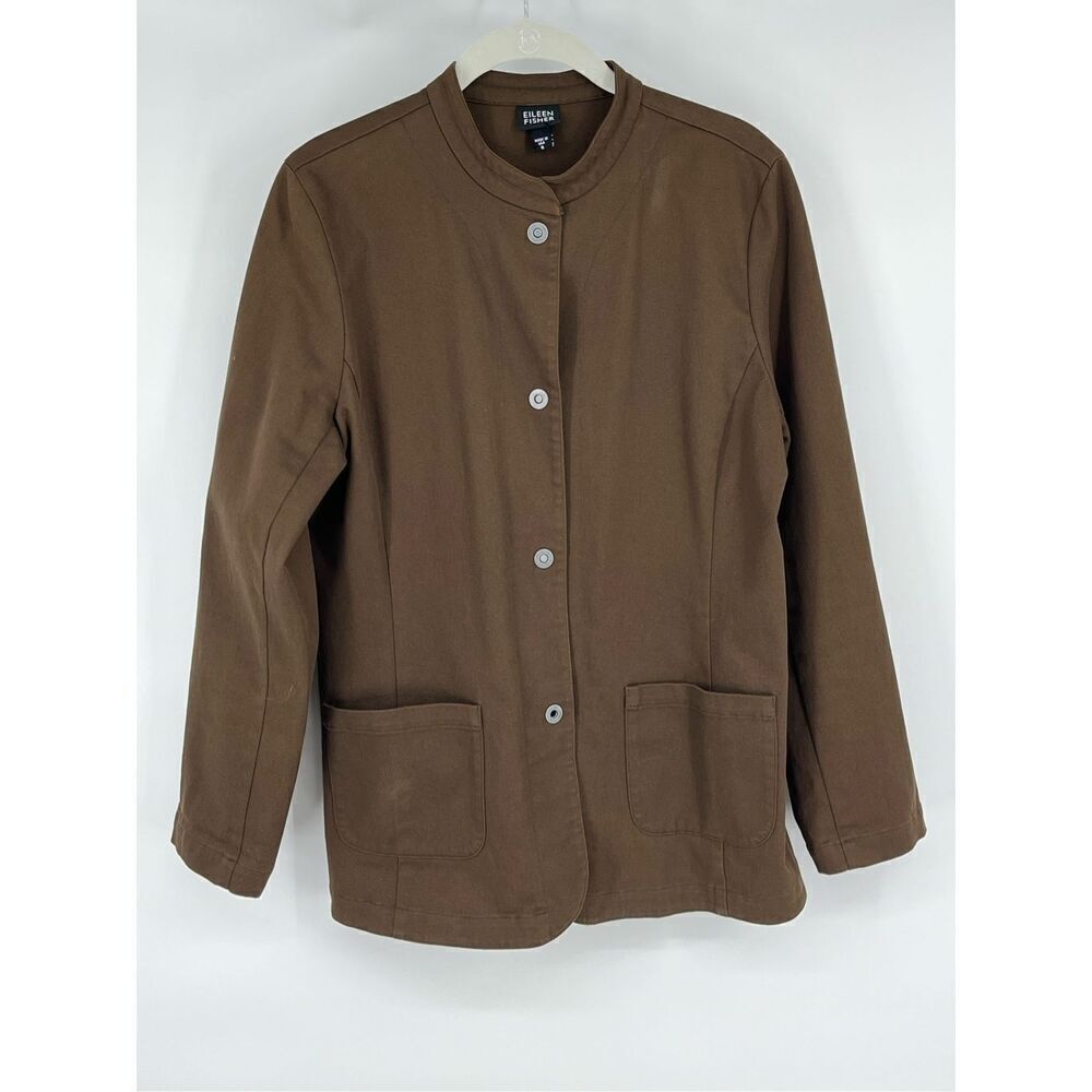 Eileen Fisher Brown Metal Snap Mandarin Collar Blazer Jacket Front Size Small